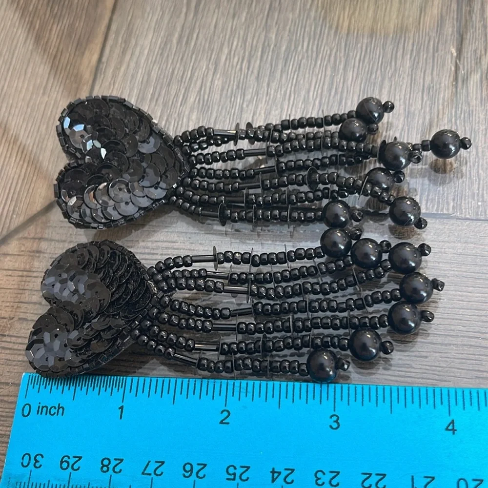 Vintage 80’s Black Sequin & Beaded Heart Clip Earrings